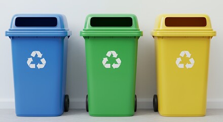 Three Colorful Recycling Bins Arranged in a Row with Blue Green and Yellow Cans Against a White Background Representing Waste Management Sustainability and Environmental Consciousness