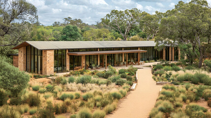 Obraz premium Modern building nestled in arid landscape, garden path leading to entrance; serene background, ideal for architecture or travel brochure