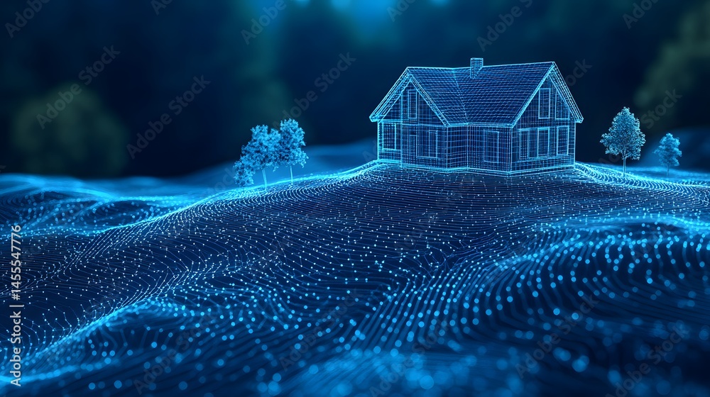 Aufkleber futuristic digital home blueprint on contoured terrain. wireframe house and trees create a technolog