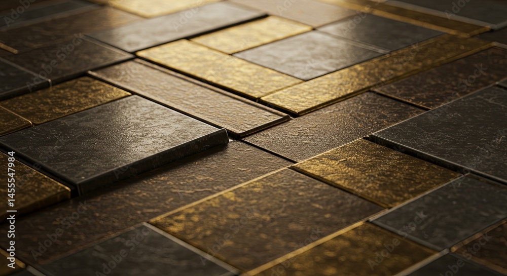 Poster a close up of a tile floor with a gold and black pattern