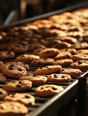 Warm Chocolate Chip Cookies Freshly Baked on a Cooling Rack in a Bakery or Home Kitchen Setting