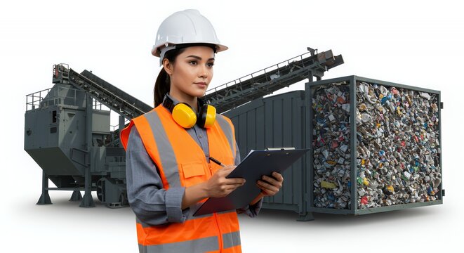 Female Environmental Engineer in Orange Reflective Vest and White Hard Hat Inspecting Recycling Plant Isolated on White Background Holding a Clipboard