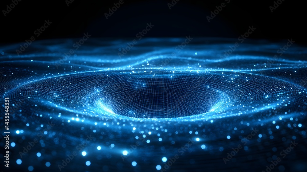 Fototapete Futuristic blue vortex of light with a grid-like surface, radiating from a central point. Abstract Digital low-poly wireframe connected dots in dark blue.