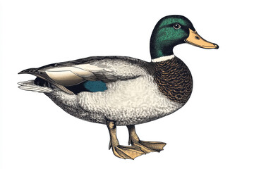 Obraz premium Colorful mallard duck standing on white background showcasing distinct feather patterns and vibrant colors, perfect representation of avian beauty and wildlife Generative AI