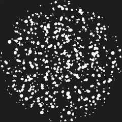 Splatter texture circle. Rough white drop. Dark background contrast. Vector ink splash.
