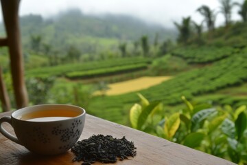 Photo of A cup of hot tea with dried and fresh tea leaves placed next to it, with a tea plantation in the background  , Generative AI