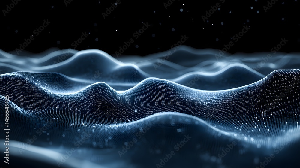 Poster Ethereal digital landscape with a textured blue terrain against a dark starlit expanse. A blend of technology and nature, Abstract Digital low-poly wireframe connected dots in dark blue.