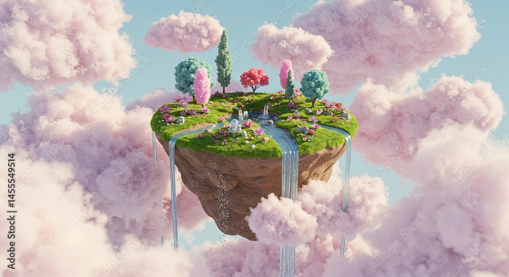 Poster a small island with a waterfall and trees in the sky