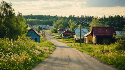 Sunny rural village street view