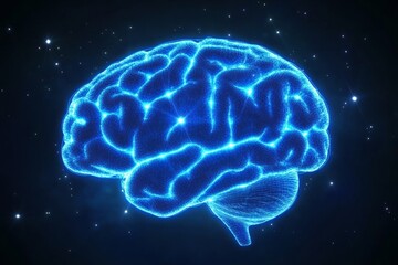 Glowing blue digital illustration of a human brain on a black background, symbolizing intelligence, neural networks, innovation, and advanced technology