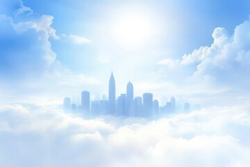 Fototapeta premium City nestled among ethereal clouds, bathed in soft sunlight A serene, tranquil scene of urban architecture floating above a soft, fluffy cloud sea