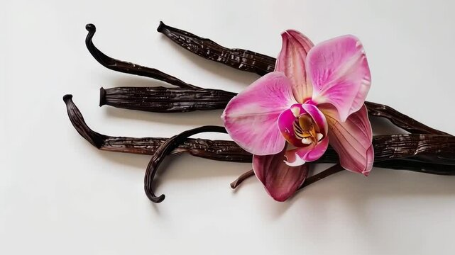 This video features fresh vanilla pods alongside a vibrant orchid flower, set against a clean white background. Perfect for showcasing aromatic ingredients used in cooking and perfumes.