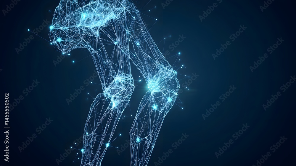 Aufkleber a futuristic, low-poly wireframe human figure squats against a dark blue gradient backdrop. suggesti