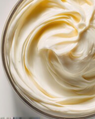 Creamy texture of a cosmetic product in a glass jar close up view from above for skin care and beauty concepts
