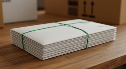 Stack of White Envelopes Secured with Green Rubber Bands on Desk
