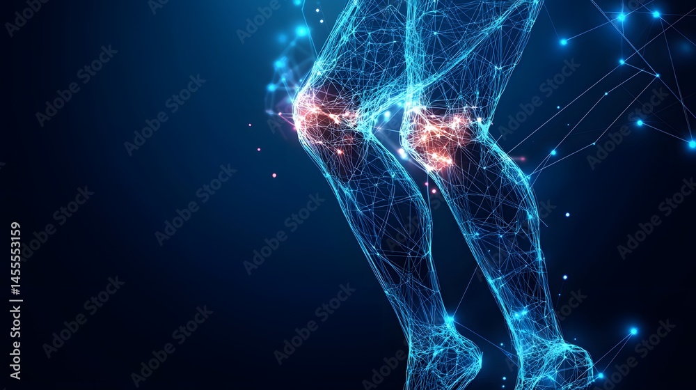 Poster digital legs in wireframe, blue network, red knees highlight. data points scattered, deep blue backd