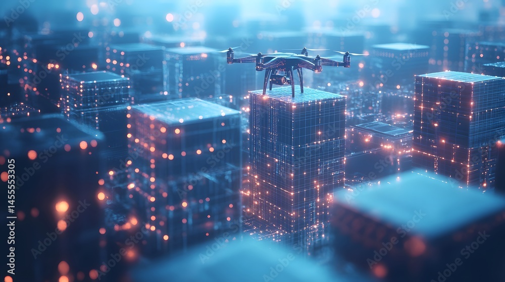 Leinwandbilder futuristic cityscape featuring interconnected cube structures resembling circuit boards, topped by a