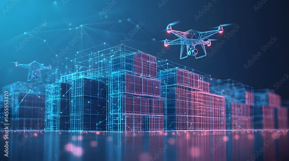Poster Futuristic network with wireframe drones and containers, data flowing across a reflective surface in blue and pink, creating a modern tech vibe. Abstract Digital low-poly wireframe connected