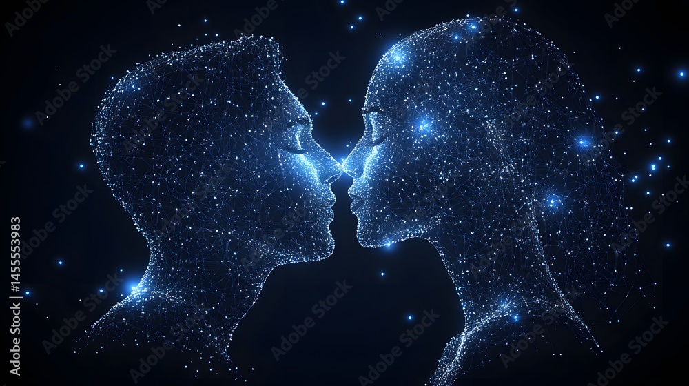 Fototapete Digital figures meet in a display of connection, noses almost touching. A futuristic, intimate moment captured with interconnected dots and lines. Abstract Digital low-poly wireframe connected dots