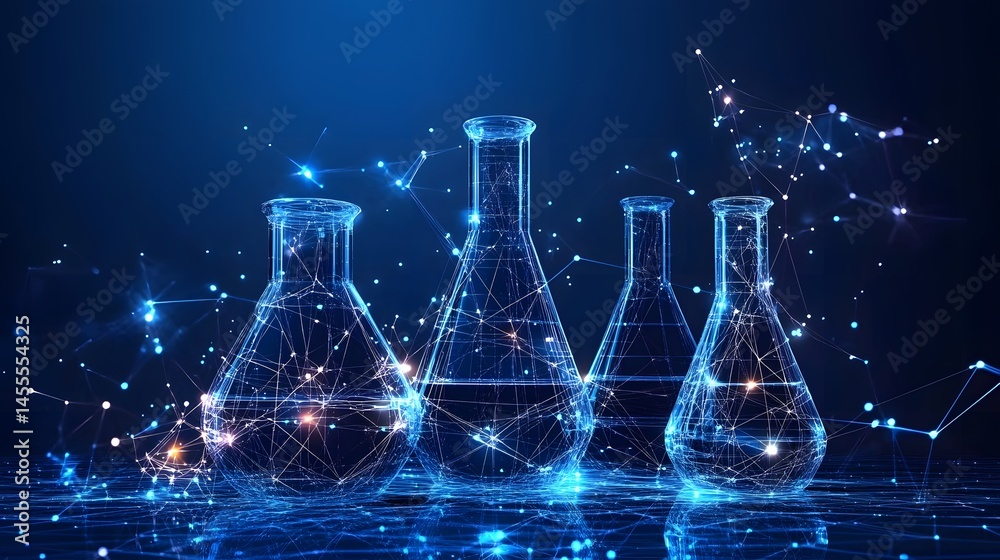 Aufkleber Futuristic lab flasks glow with interconnected digital networks, illuminating a dark blue space. Science meets technology in this captivating visual. Abstract Digital low-poly wireframe connected