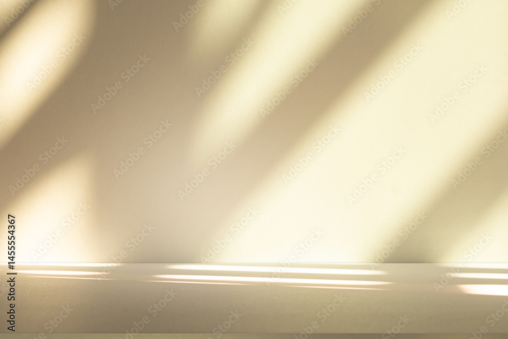Poster Wall interior background, studio and backdrops show products. with leaf shadow from window color beige and white. background for text insertion and presentation of product	