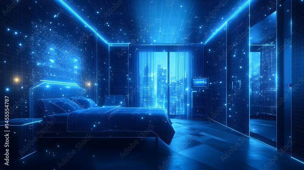 Poster futuristic bedroom in wireframe style with a glowing blue aesthetic, showing a city skyline view. ab