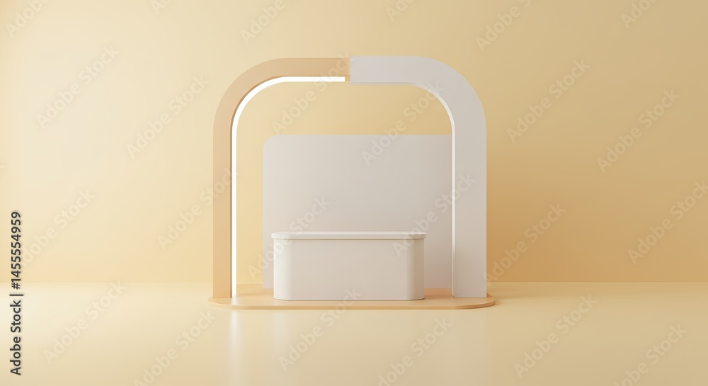 Poster a white and tan structure with a white bench in the middle