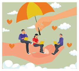 Tiny Workers at Giant Hand of Employer and Beneath Protective Umbrella.