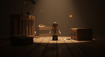 A man in a hat stands in front of a wooden box with a keyhole