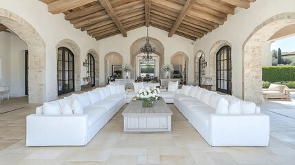 Spacious, elegant outdoor patio with white furniture and a light wooden ceiling