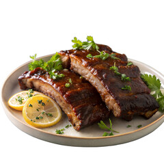 Juicy Barbecue Pork Ribs with Glazed Finish and Fresh Lemon Garnish &ndash; Slow-Cooked Tender Ribs with Herbs &ndash; Perfect for Backyard BBQ, Grill Parties, Restaurant Menus, and Meat Lover Promotions