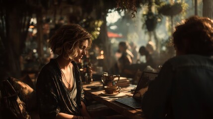 Fototapeta premium Cozy Cafe Scene with Woman Working on Laptop Surrounded by Warm Lighting and Nature