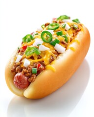 Delicious Chili Cheese Hot Dog Topped with Jalapenos and Onions on a White Background