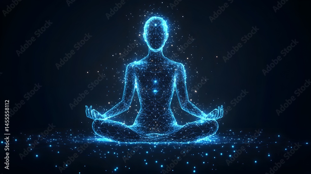 Poster ethereal figure in serene meditation, glowing with blue energy. a digital representation of inner pe
