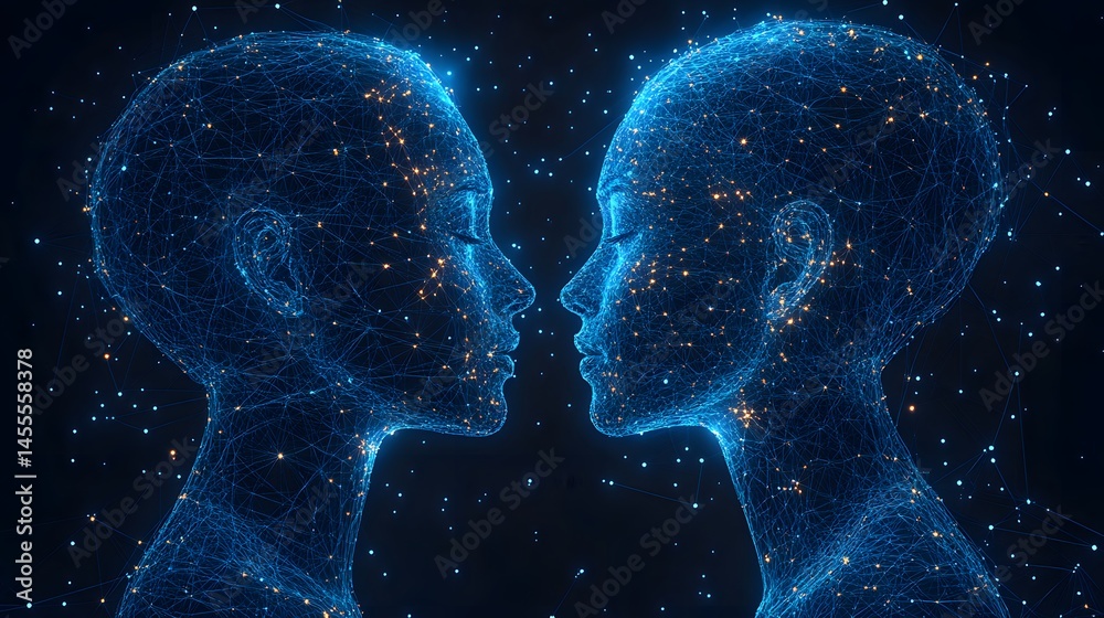 Poster Stylized human heads connect in a glowing, futuristic interface. Wireframe design with orange orbs against a dark blue backdrop. Abstract Digital low-poly wireframe connected dots in dark blue