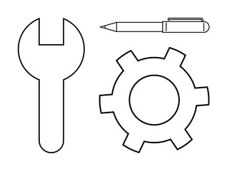 Wrench, gear, and pen outline emphasizing tools, functionality, and creativity. Ideal for engineering, problem-solving, productivity, innovation technical projects planning simple landing page