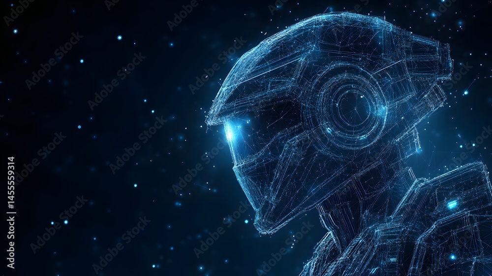 Aufkleber futuristic abstract robot head with a glowing blue wireframe design against a dark stellar backdrop.
