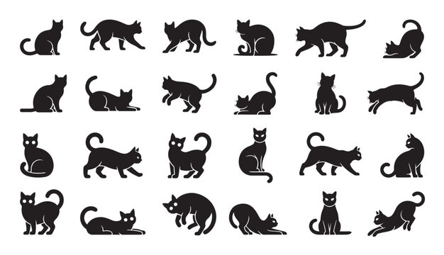 Vector set of isolated cat silhouettes in different poses for pet and animal themed design projects 