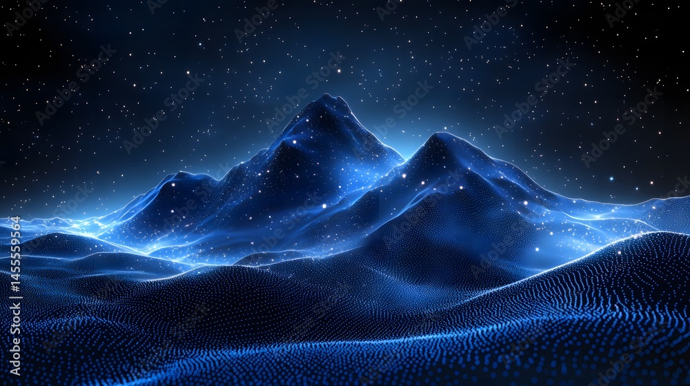 Poster ethereal mountains glow under a starlit sky. blue mesh mountains create a dreamlike digital landscap