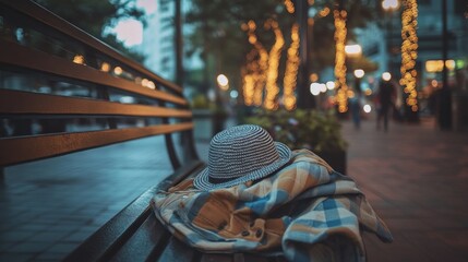 Stylish hat and jacket on park bench at dusk city street lights background