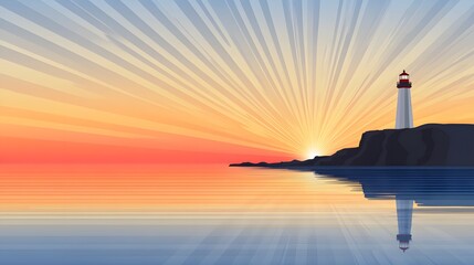 Lighthouse stands tall on a rocky coastline at sunset time