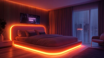 A smart bedroom with an illuminated bed frame and integrated AI lighting 