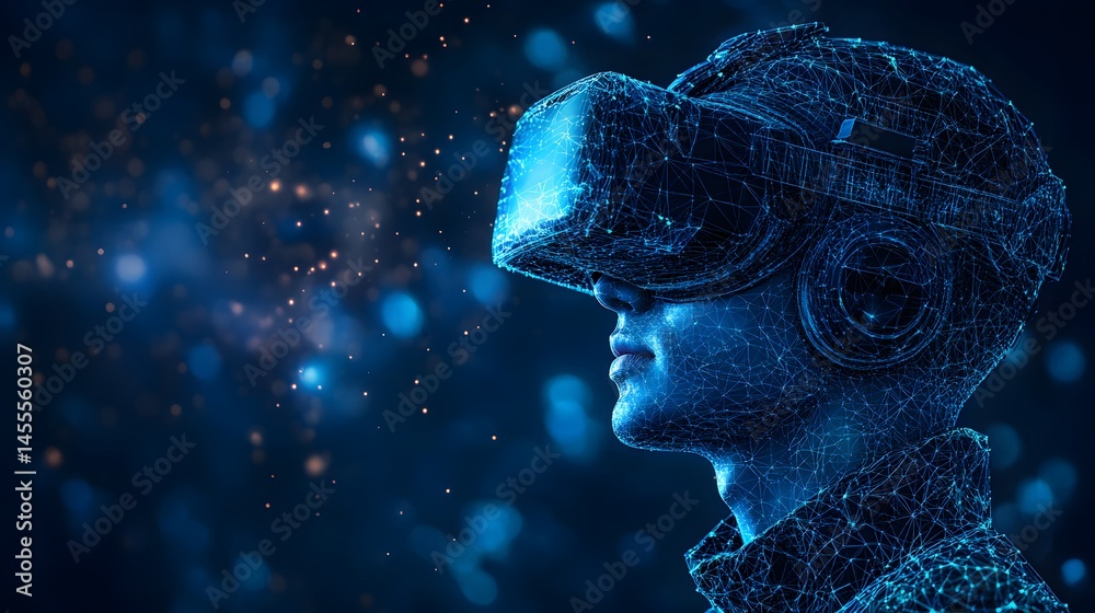 Poster Immerse yourself in virtual reality. Wireframe rendering of a person with VR headset. Abstract Digital low-poly wireframe connected dots in dark blue