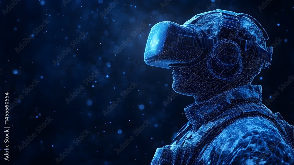 Poster Futuristic VR user immersed in digital world. Abstract Digital low-poly wireframe connected dots in dark blue.