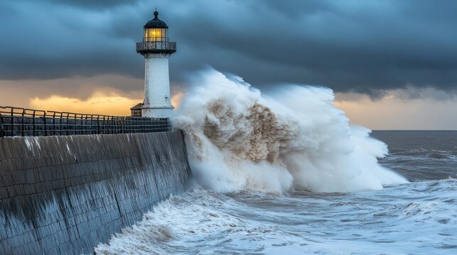 Lighthouse with crashing waves dramatic stormy seascape