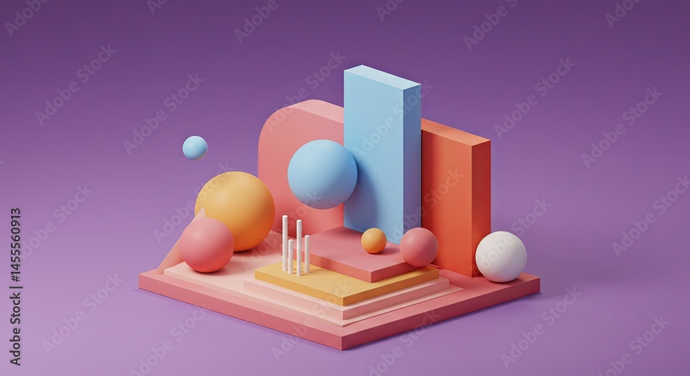 Poster a colorful 3d model of balls and cubes on a purple background