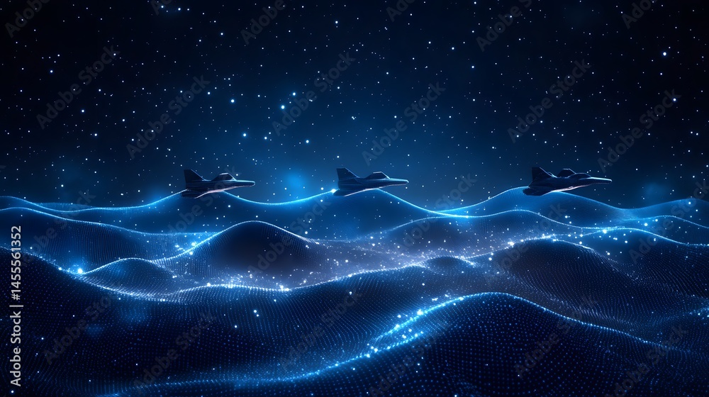 Aufkleber night scene with digital airplanes flying over futuristic blue mesh hills under a starry sky. abstra