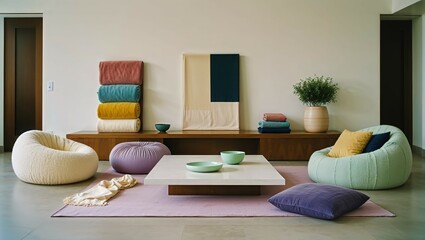 Generative AI, Colorful boucle lounge with modern sculptural seating and layered textures