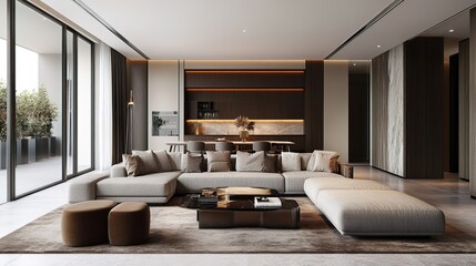 A sleek modern living room with neutral tones and elegant furniture