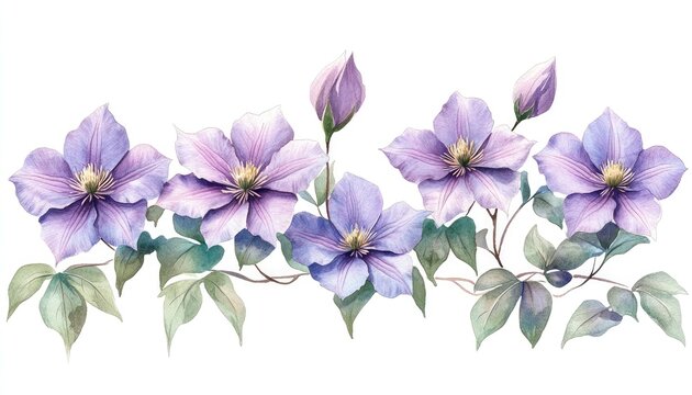 Delicate purple clematis blossoms and leaves